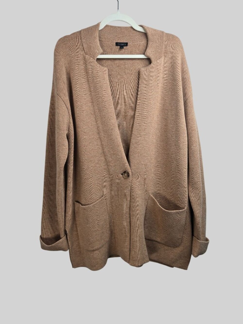 Talbots Lambs Wool Blend Cardigan Sweater Tan Knit Button Pocket Oversized Drape